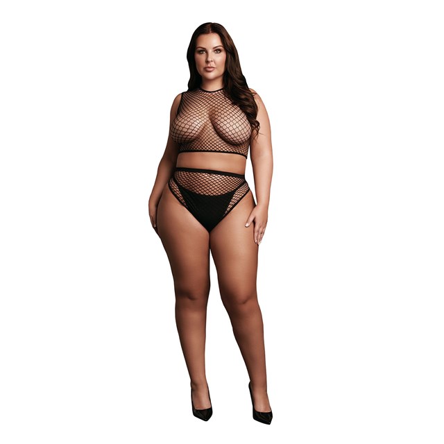 2 Pc Crop Top - Pantie and Fishnet Structure Plus Size - Black