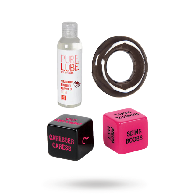 ROLL & LOVE DICE - KIT WITH PENIS RING & MASSAGE OIL