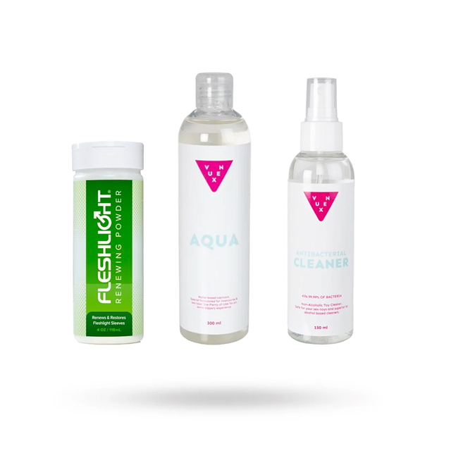 SETTI:  FLESHLIGHT RENEWING POWDER 118 ML, VESIPOHJAINEN LIUKUVOIDE 300  ML & PUHDISTUSSUIHKE 150 ML